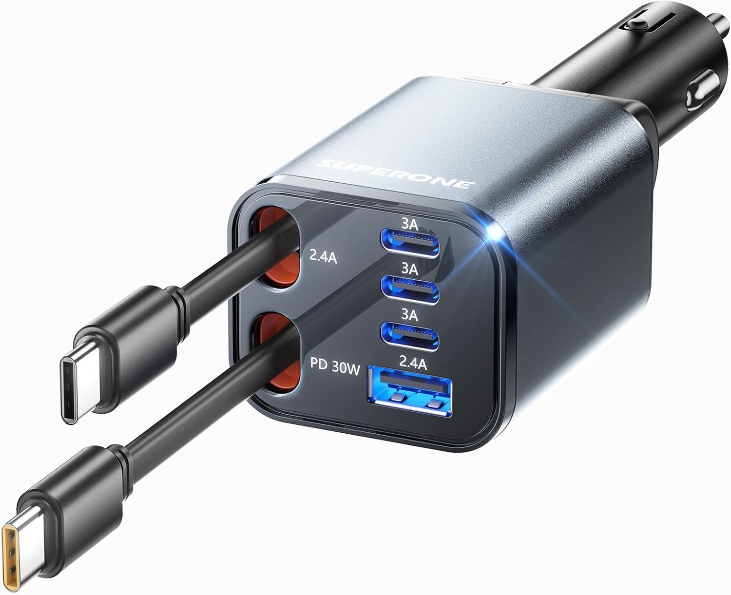 Fast Charging Cable - 6-Port 99W Car Charger with Retractable